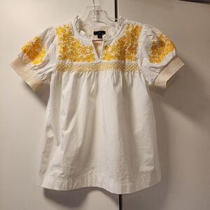 J. Crew Smocked Peasant White Blouse with Yellow Floral Embroidery XS Timeless